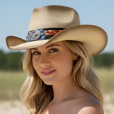 Fashnzfab Vintage Eagle Concho Accent Braided Band Western Straw Cowboy Hat In Neutral