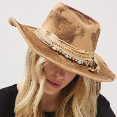Fashnzfab Vintage Feather Accent Distressed Fabric Bow Band Rustic Cowgirl Western Fedora Hat In Sand