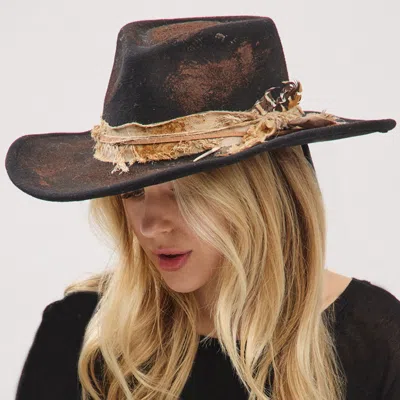Fashnzfab Vintage Feather Accent Distressed Fabric Bow Band Western Rustic Cowgirl Fedora Hat In Black