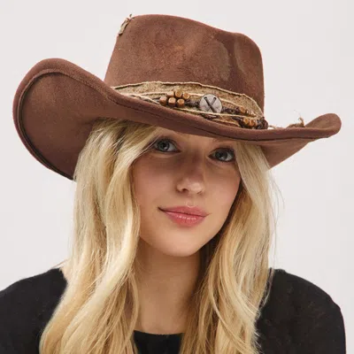 Fashnzfab Vintage Feather Accent Wood Beaded Distressed Finish Band Rustic Cowgirl Western Fedora Hat In Brown
