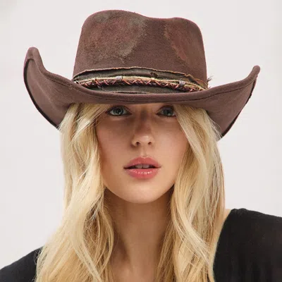 Fashnzfab Vintage Feather Distressed Fabric Band Rustic Cowgirl Western Fedora Hat In Brown