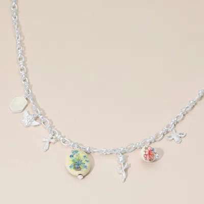 Fashnzfab Vintage Floral Ceramic Charm Metal Angel Flower Stem Honey Bee Charm Station Necklace In Green