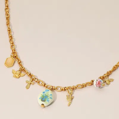 Fashnzfab Vintage Floral Ceramic Charm Metal Angel Flower Stem Honey Bee Charm Station Necklace In Gold