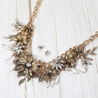 Fashnzfab Vintage Floral Metal Accent Faceted Beads Pearl Embellished Statement Necklace In Gold