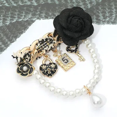 Fashnzfab Vintage Flower Tweed Fashion Charm Pearl Chain Drop Pin Brooch In Black