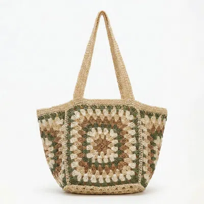 Fashnzfab Vintage Granny Square Crochet Summer Tote Bag In Sand