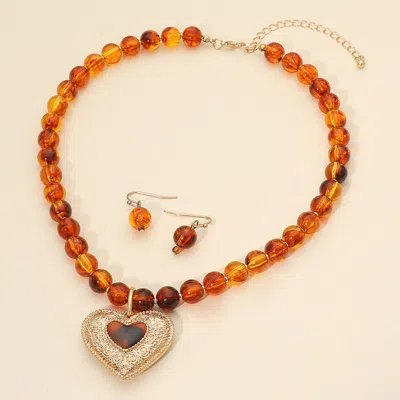 Fashnzfab Vintage Heart Charm Accent Beaded Statement Necklace - Brown, Worn Gold In Multi