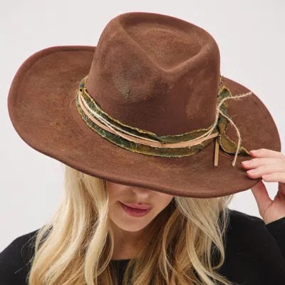 Fashnzfab Vintage Inspired Distressed Fabric Suede Band Rustic Cowgirl Western Fedora Hat In Gold