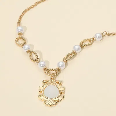 Fashnzfab Vintage Medallion Pearl Necklace In Silver