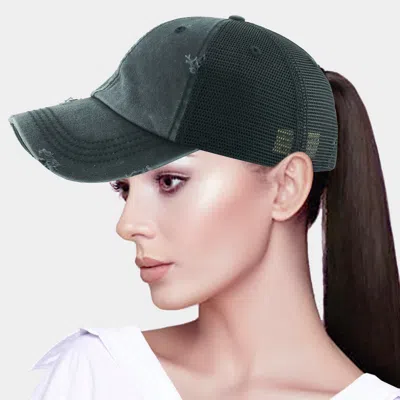 Fashnzfab Vintage Mesh Back Ponytail Baseball Cap In Black