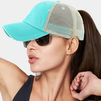 Fashnzfab Vintage Mesh Back Ponytail Baseball Cap In Blue