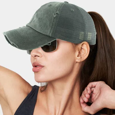 Fashnzfab Vintage Mesh Back Ponytail Baseball Cap In Green