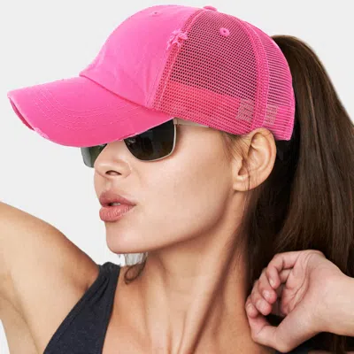 Fashnzfab Vintage Mesh Back Ponytail Baseball Cap In Pink