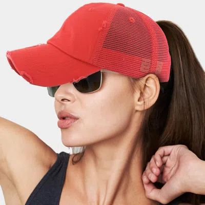Fashnzfab Vintage Mesh Back Ponytail Baseball Cap In Red