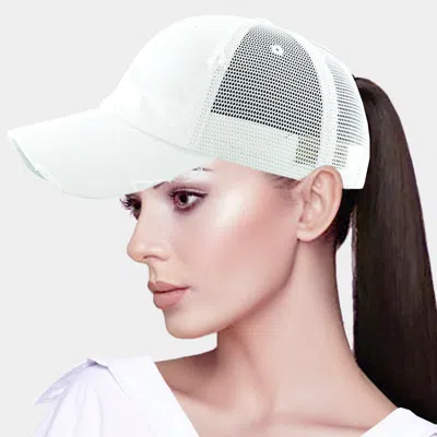 Fashnzfab Vintage Mesh Back Ponytail Baseball Cap In White