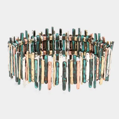 Fashnzfab Vintage Metal Bar Beaded Stretch Bracelet Patina Verdigris In Multi