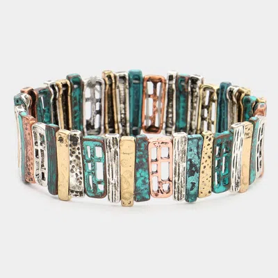 Fashnzfab Vintage Metal Cut Out Pointed Bar Beaded Stretch Bracelet Patina Verdigris In Multi