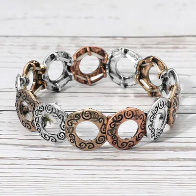 Fashnzfab Vintage Metal Engraved Circle Beaded Stretch Bracelet - Three Tone In Metallic