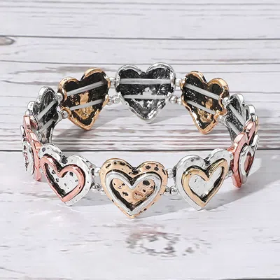 Fashnzfab Vintage Metal Heart Stretch Bracelet Three Tone In Multi