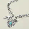 Fashnzfab Vintage Metal Turquoise Stone Center Heart Rose Bow Pendant Chunky Chain Necklace - Antique Silver,  In Silver