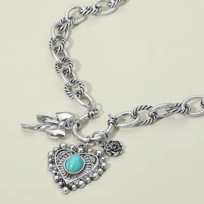 Fashnzfab Vintage Metal Turquoise Stone Center Heart Rose Bow Pendant Chunky Chain Necklace - Antique Silver, 