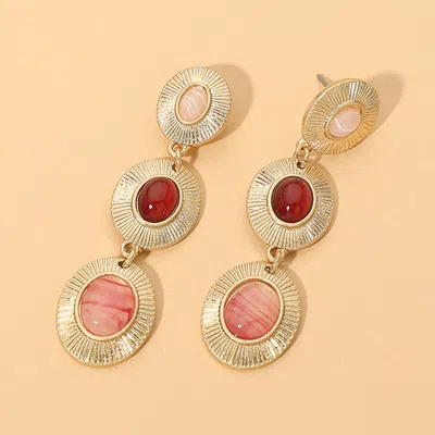 Fashnzfab Vintage Oval Stone Frame Link Drop Statement Earrings In Pink