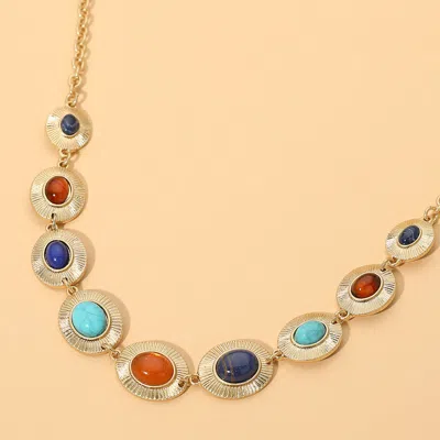Fashnzfab Vintage Oval Stone Frame Link Statement Necklace In Multi