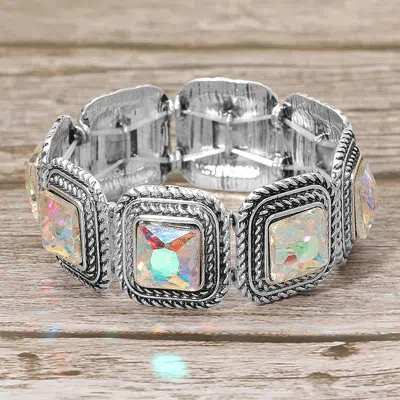 Fashnzfab Vintage Square Stone Cluster Beaded Stretch Bracelet In Silver