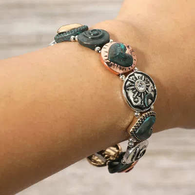 Fashnzfab Vintage Stone Accent Antique Metal Mixed Heart Swirl Sunburst Crescent Charm Beaded Stretch Bracelet In Green