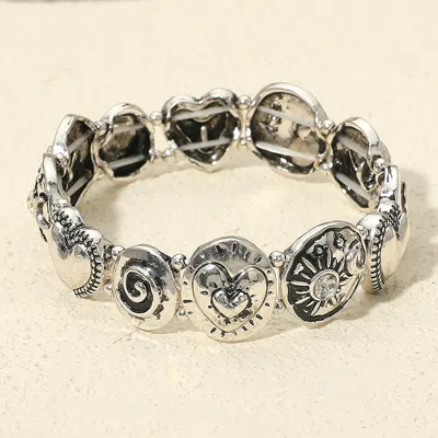 Fashnzfab Vintage Stone Accent Antique Metal Mixed Heart Swirl Sunburst Crescent Charm Beaded Stretch Bracelet In Silver