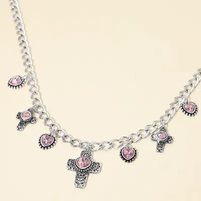 Fashnzfab Vintage Stone Accent Cross Heart Charm Station Necklace In Metallic