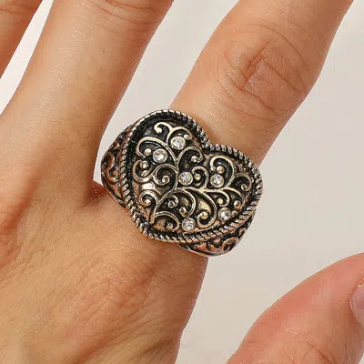 Fashnzfab Vintage Stone Paved Heart Filigree Stretch Ring In Gold