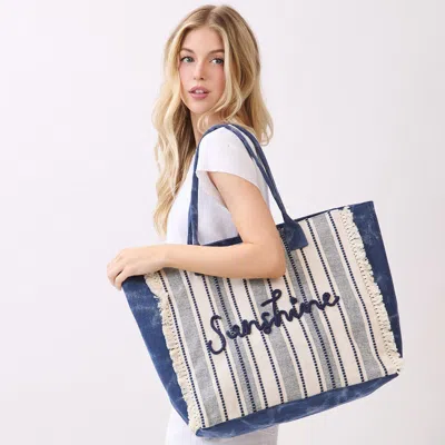 Fashnzfab Vintage Sunshine Message Stripe Fringe Tote Bag In Blue