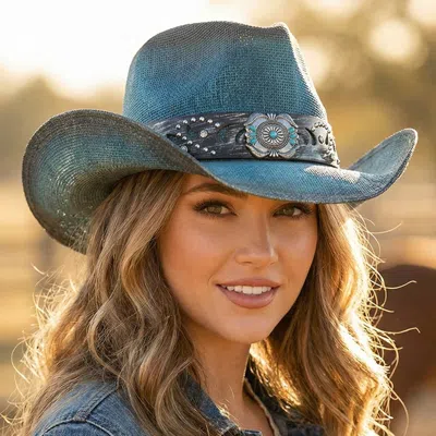 Fashnzfab Vintage Turquoise Gem Flower Concho Band Straw Cowboy Hat In Blue