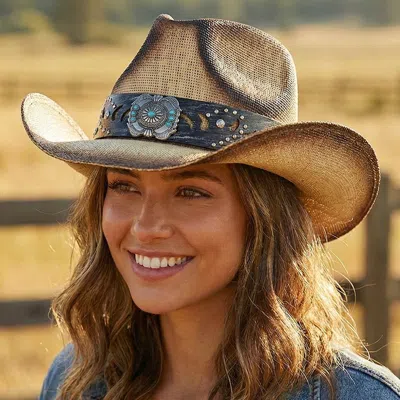 Fashnzfab Vintage Turquoise Gem Flower Concho Band Straw Cowboy Hat In Brown
