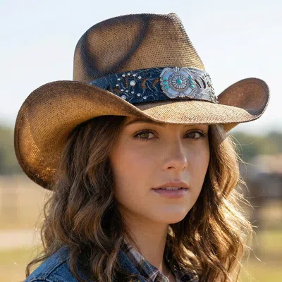 Fashnzfab Vintage Turquoise Gem Flower Concho Band Straw Cowboy Hat In Brown