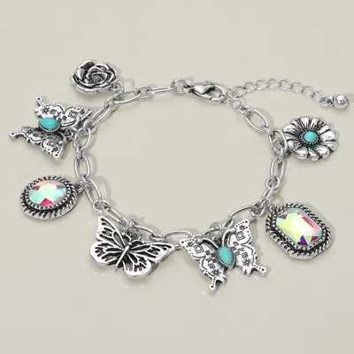 Fashnzfab Vintage Western Butterfly Flower Charm Station Bracelet Multi, Silver Burnished In Green