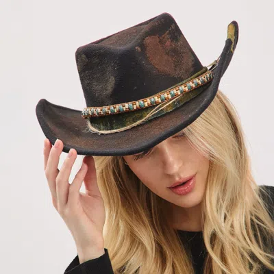 Fashnzfab Vintage Western Distressed Beaded Band Rustic Cowgirl Fedora Hat In Beige