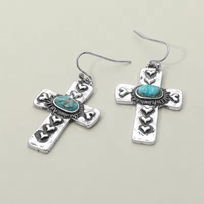 Fashnzfab Vintage Western Oval Stone Accent Heart Embossed Cross Dangle Earrings - Silver Burnished, Turquoise In Metallic