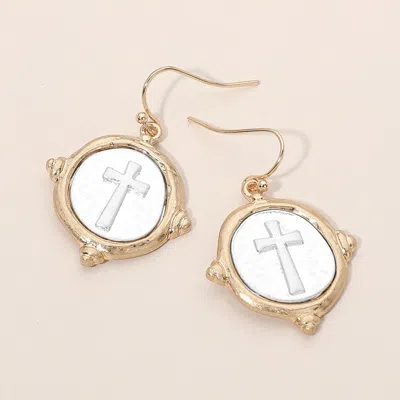 Fashnzfab Vintage-inspired Metal Cross Embossed Medallion Drop Dangle Earrings In Brown