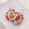 Fashnzfab Virgin Mary Cross Printed Faceted Bead Cluster Dangle Earrings - Multi In Multi