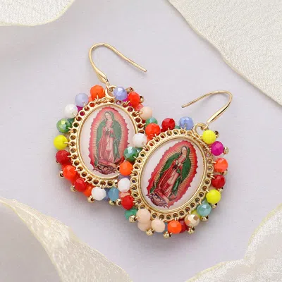 Fashnzfab Virgin Mary Cross Printed Faceted Bead Cluster Dangle Earrings - Multi
