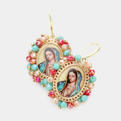 Fashnzfab Virgin Mary Cross Printed Faceted Bead Cluster Dangle Earrings In Multi