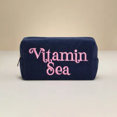 Fashnzfab Vitamin Sea Message Embroidered Cosmetic Pouch Bag / Organizer In Blue