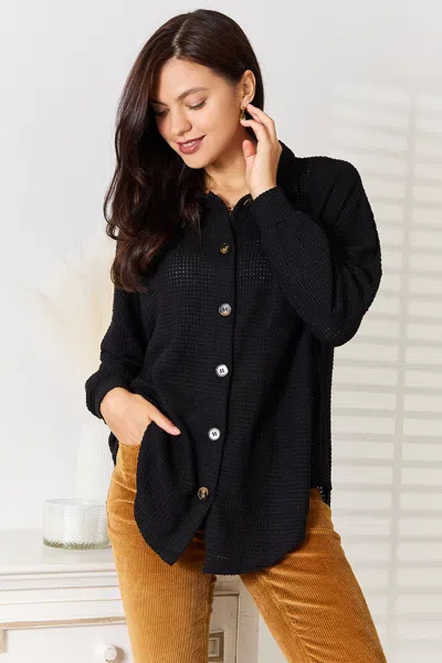 Fashnzfab Waffle-knit Collared Neck Dropped Shoulder Shirt In Black