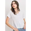 Fashnzfab Waffle Raw Edge V-neck Rolled Up Short Sleeves Top In White