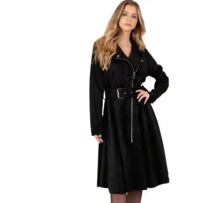 Fashnzfab Waist Belt Tacked Faux Suede Coat Solid Coat In Black