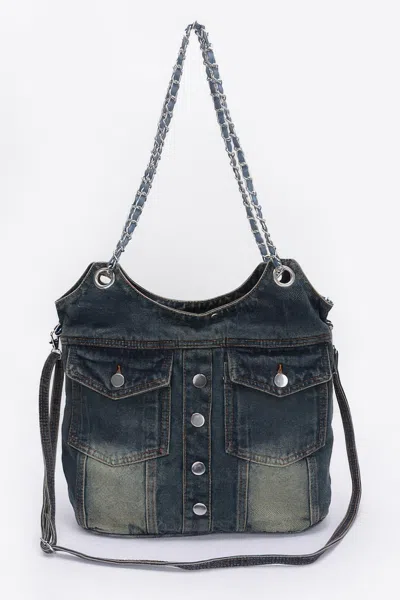 Fashnzfab Washed Denim Double Pockets Tote Bag In Blue