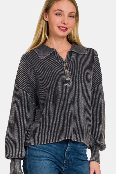 Fashnzfab Washed Half Button Long Sleeve Sweater In Black