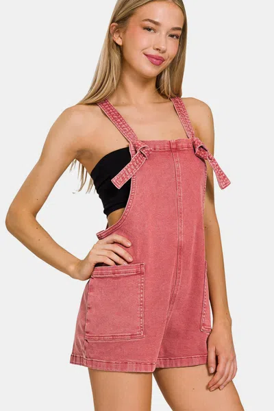 Fashnzfab Washed Knot Strap Rompers In Red